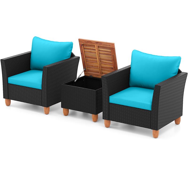 3 Piece Outdoor Patio Rattan Furniture Set, Turquoise - Turquoise