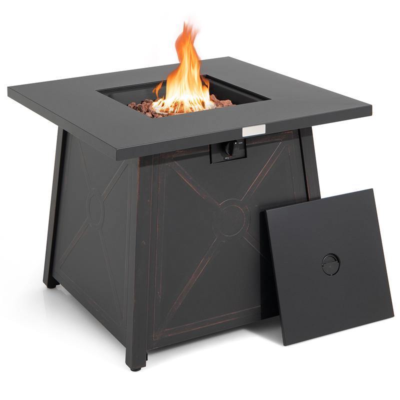 30 Inch Square Propane Gas Fire Table, Waterproof Cover, Black - Black