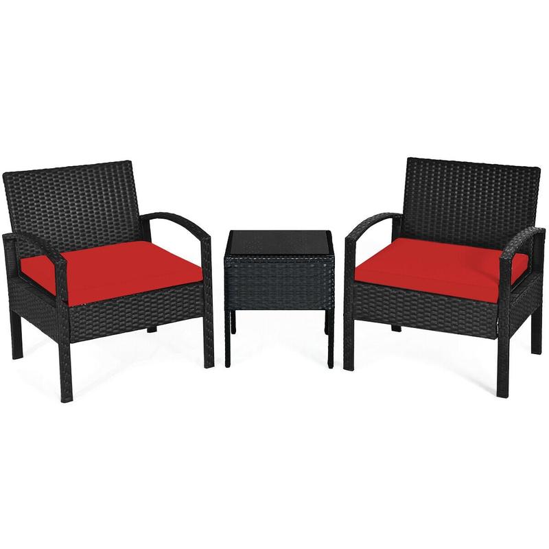 3 Piece Outdoor Rattan Patio Conversation Set, Red - Red