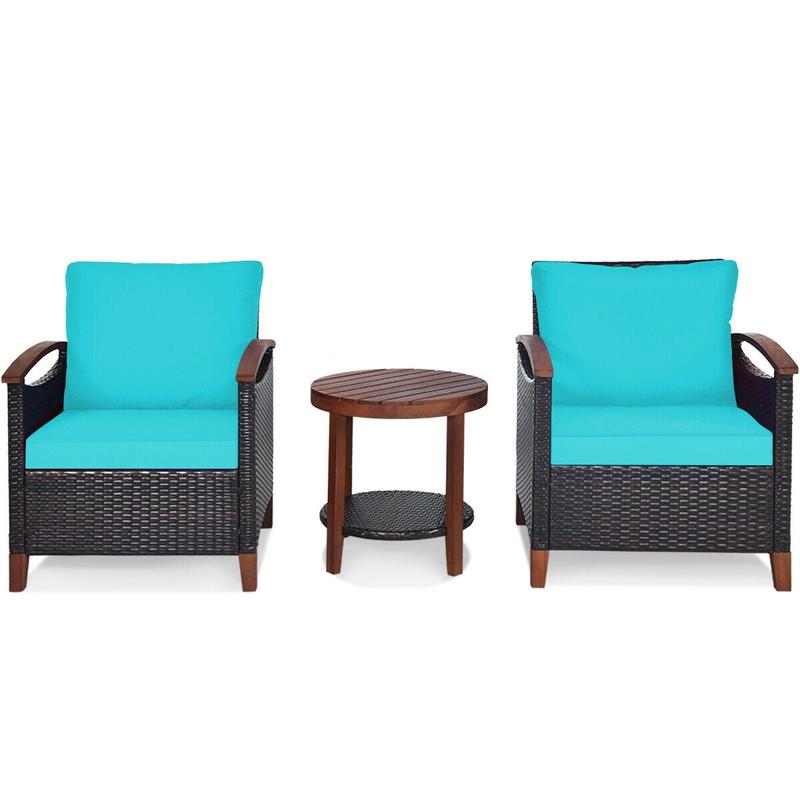 3 Pc Solid Wood Frame Patio Rattan Furniture Set, Turquoise - Turquoise