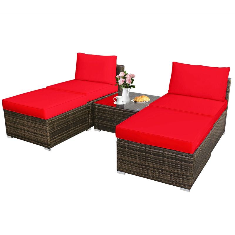 5-Piece Patio Rattan Furniture Set, Cushioned Armless Sofa, Red - Red