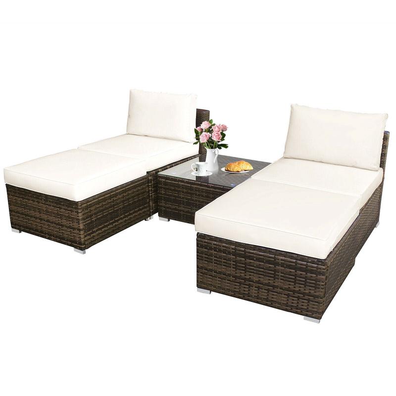 5 Pieces Patio Rattan Furniture Set with Cushioned Armless Sofa, White - White
