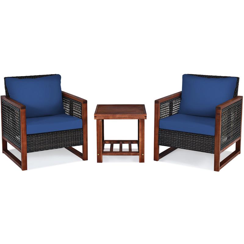 3 Pc Patio Wicker Sofa Set, Wooden Frame, Navy - Navy