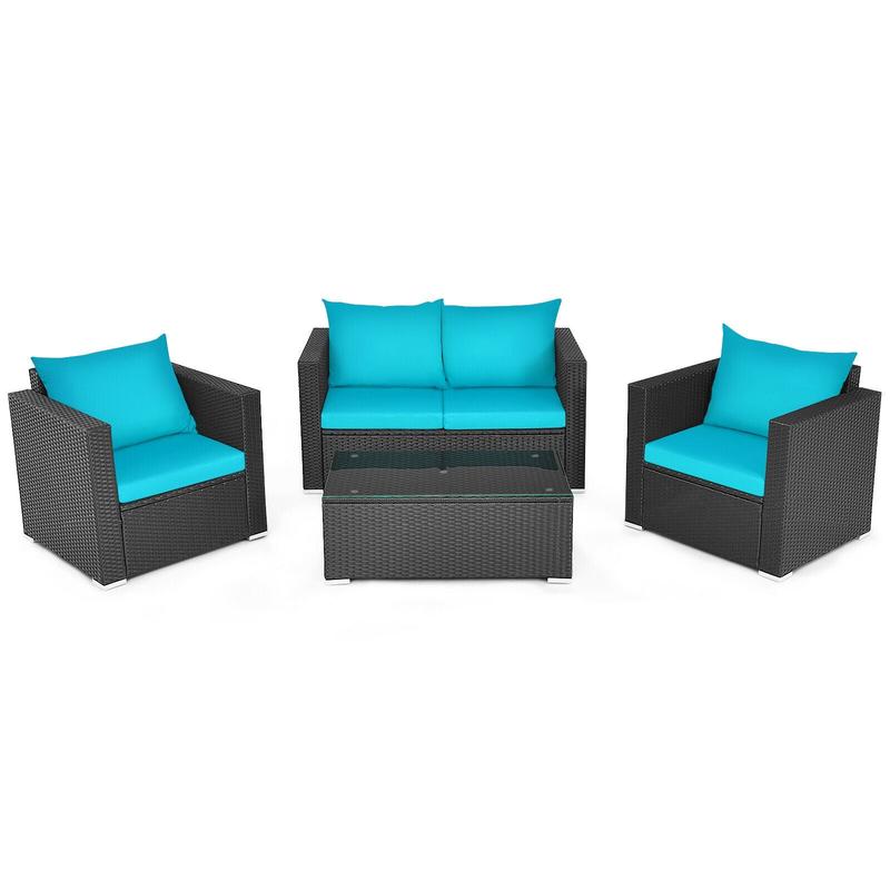 4Pcs Patio Rattan Cushioned Furniture Set, Turquoise - Turquoise