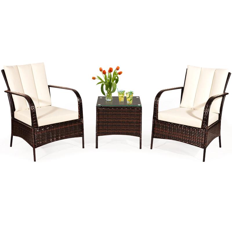 3 Piece Patio Conversation Rattan Furniture Set With Cushions, White - White