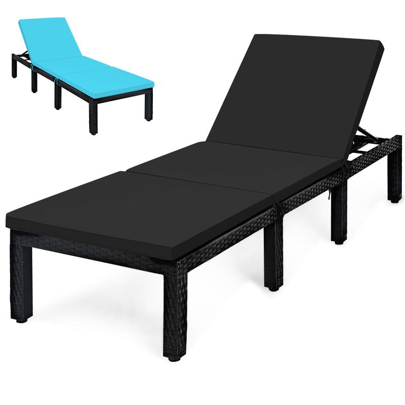 Patio Rattan Adjustable Lounge Chair, 2 Cushion Covers, Turquoise, Black - Black & Turquoise